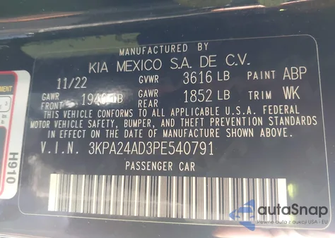 2023 Kia Rio S z USA, uszkodzony, nr VIN 3KPA24AD3PE540791